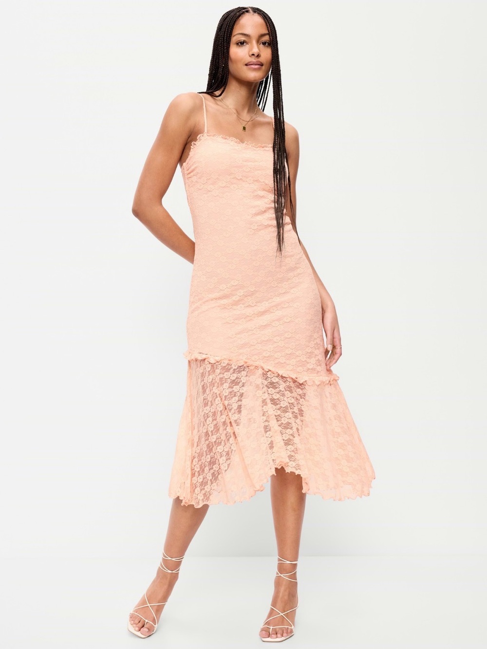 Lace Slip Midi Dress in Peach